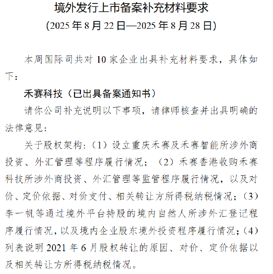 纵信优配 禾赛科技收到证监会境外上市备案反馈意见 需说明股权架构相关程序及转让情况等问题